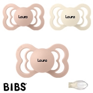 Bibs Supreme Schnuller mit Namen, Symmetrisch,Silikon, Gr. 2, 1 Ivory, 2 Blush, 3'er Pack